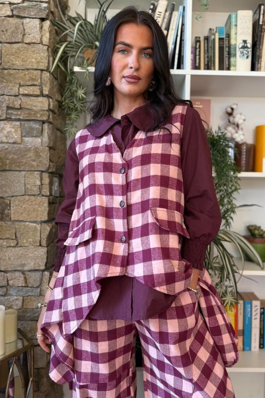 Nora Brushed Cotton Gingham Trapeze Waistcoat Aubergine